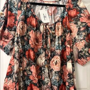 Entro Coral and Navy Floral Blouse